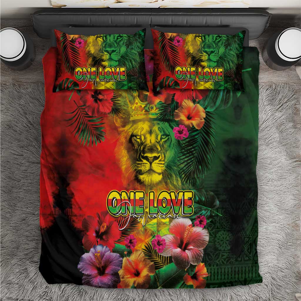 Hawaiian Reggae Bedding Set Tropical Plants and Tribal Kakau Tattoo-One Love Jawaiian