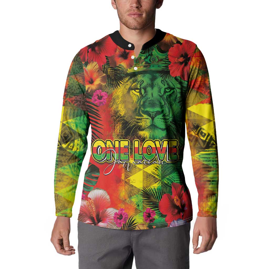 Hawaiian Reggae Button Sweatshirt Tropical Plants and Tribal Kakau Tattoo-One Love Jawaiian LT03 - Polynesian Pride