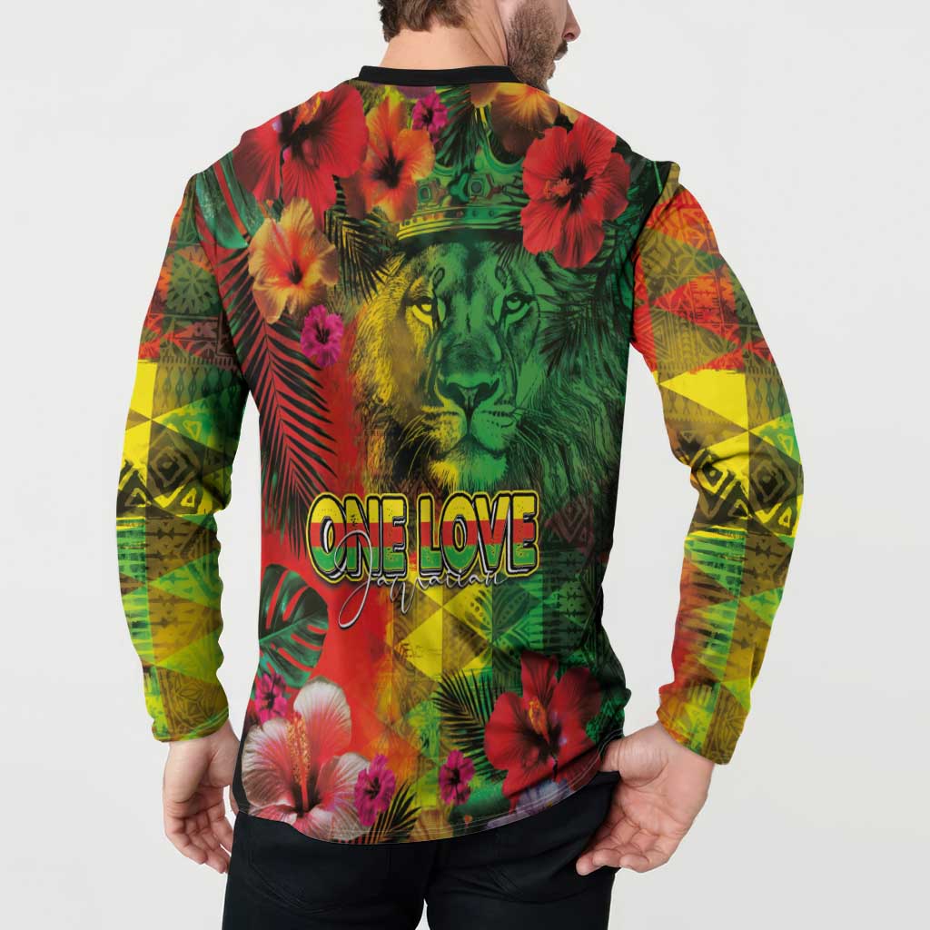 Hawaiian Reggae Button Sweatshirt Tropical Plants and Tribal Kakau Tattoo-One Love Jawaiian LT03 - Polynesian Pride