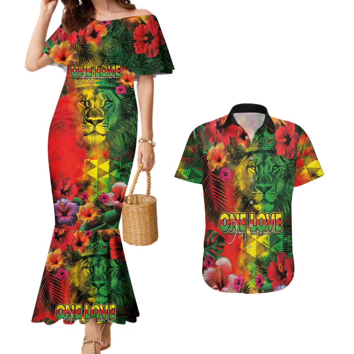 Hawaiian Reggae Couples Matching Mermaid Dress and Hawaiian Shirt Tropical Plants and Tribal Kakau Tattoo-One Love Jawaiian