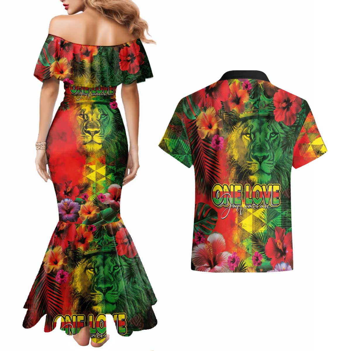 Hawaiian Reggae Couples Matching Mermaid Dress and Hawaiian Shirt Tropical Plants and Tribal Kakau Tattoo-One Love Jawaiian