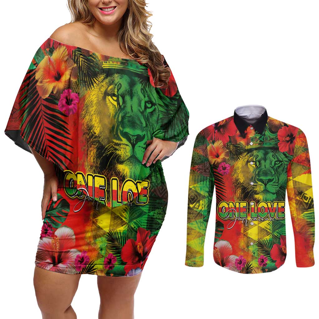 Hawaiian Reggae Couples Matching Off Shoulder Short Dress and Long Sleeve Button Shirt Tropical Plants and Tribal Kakau Tattoo-One Love Jawaiian LT03 Reggae - Polynesian Pride