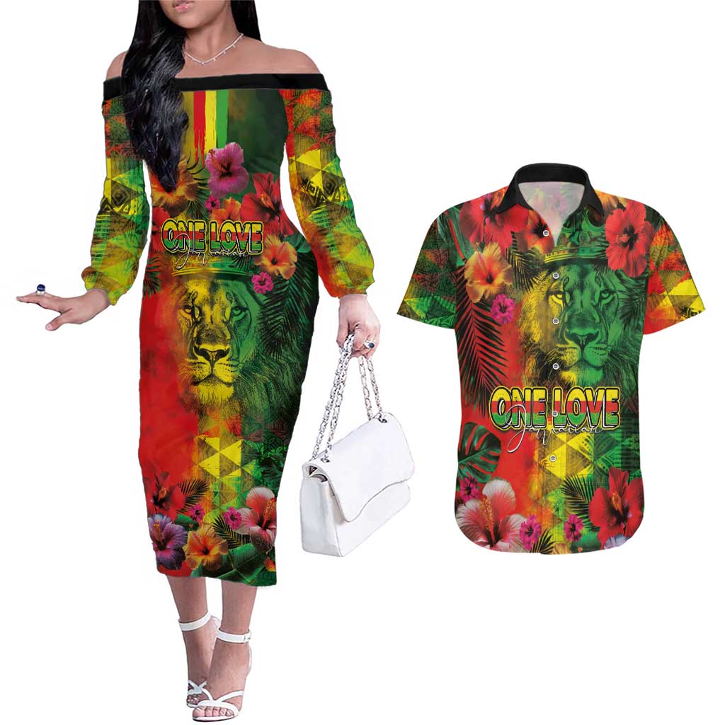 Hawaiian Reggae Couples Matching Off The Shoulder Long Sleeve Dress and Hawaiian Shirt Tropical Plants and Tribal Kakau Tattoo-One Love Jawaiian