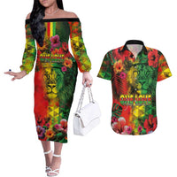 Hawaiian Reggae Couples Matching Off The Shoulder Long Sleeve Dress and Hawaiian Shirt Tropical Plants and Tribal Kakau Tattoo-One Love Jawaiian