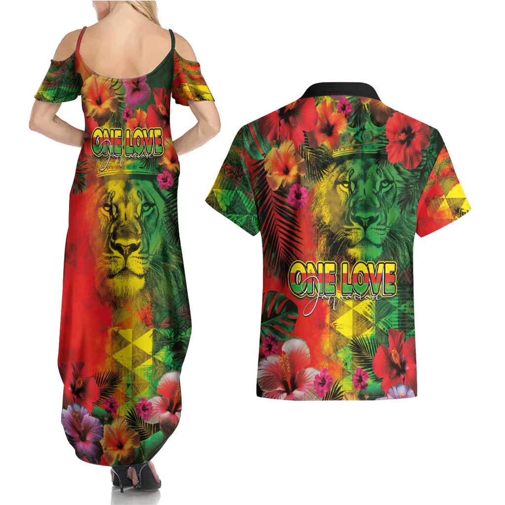 Hawaiian Reggae Couples Matching Summer Maxi Dress and Hawaiian Shirt Tropical Plants and Tribal Kakau Tattoo-One Love Jawaiian