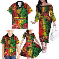 Hawaiian Reggae Family Matching Off The Shoulder Long Sleeve Dress and Hawaiian Shirt Tropical Plants and Tribal Kakau Tattoo-One Love Jawaiian