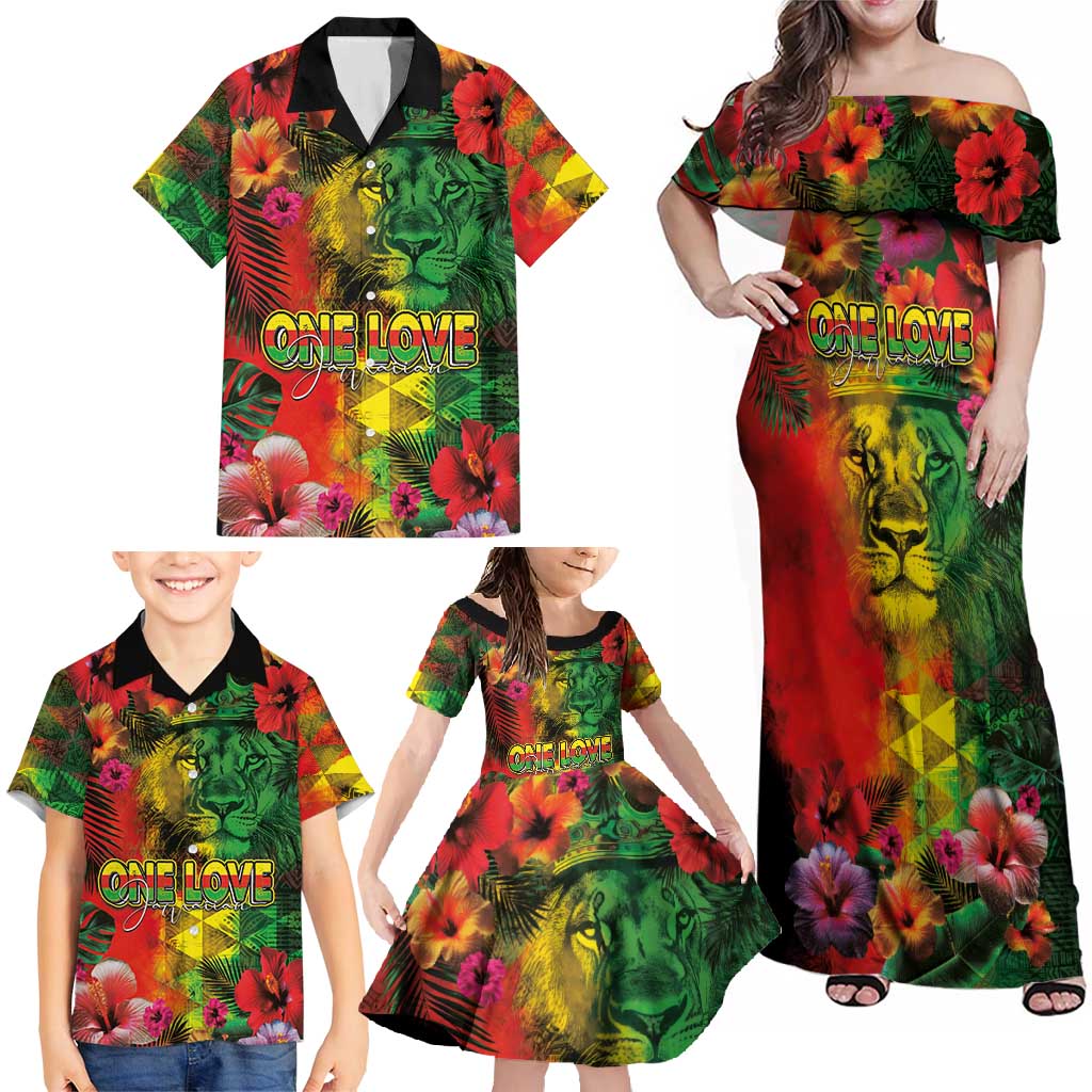 Hawaiian Reggae Family Matching Off Shoulder Maxi Dress and Hawaiian Shirt Tropical Plants and Tribal Kakau Tattoo-One Love Jawaiian