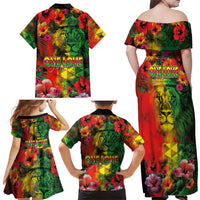 Hawaiian Reggae Family Matching Off Shoulder Maxi Dress and Hawaiian Shirt Tropical Plants and Tribal Kakau Tattoo-One Love Jawaiian