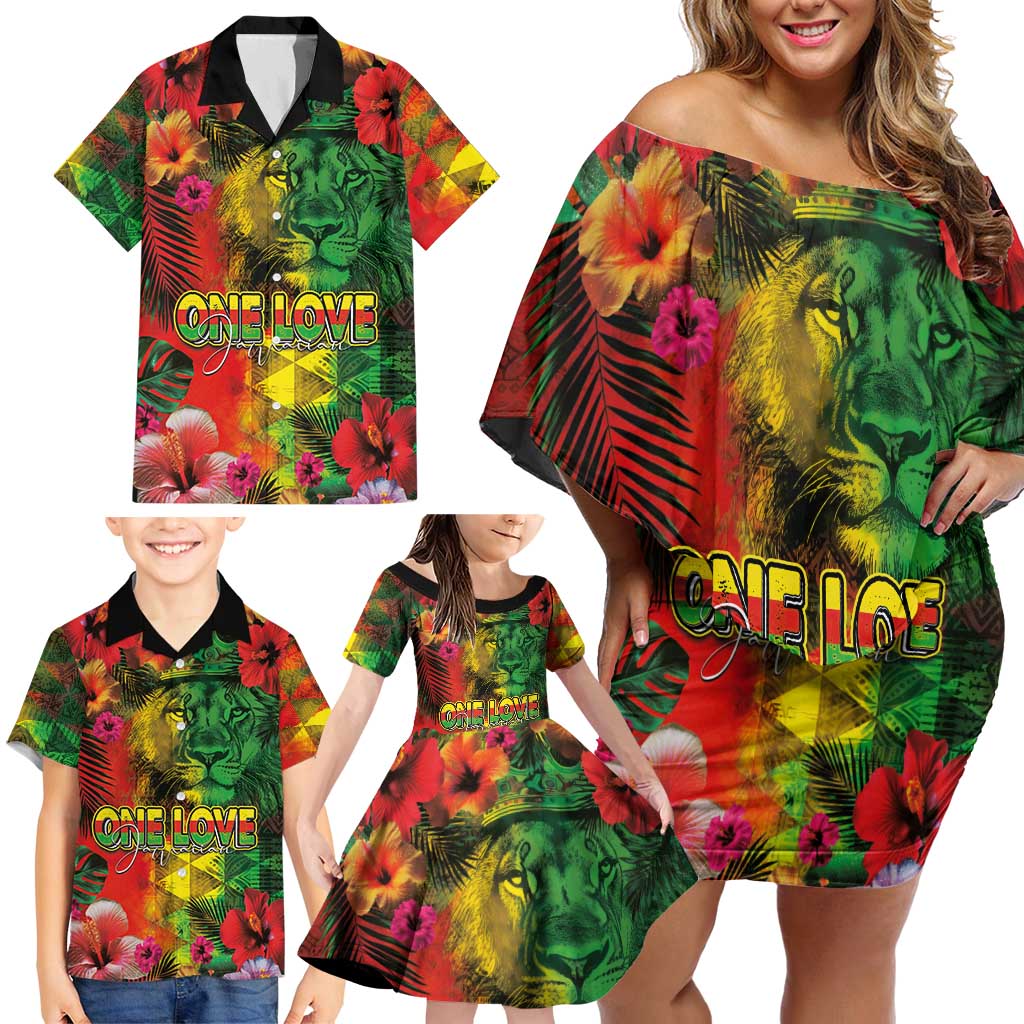 Hawaiian Reggae Family Matching Off Shoulder Short Dress and Hawaiian Shirt Tropical Plants and Tribal Kakau Tattoo-One Love Jawaiian