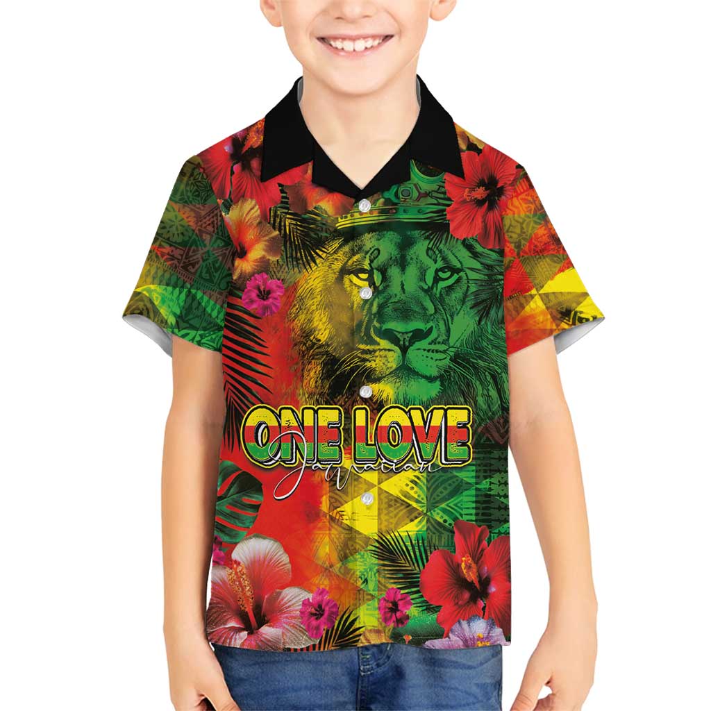 Hawaiian Reggae Family Matching Puletasi and Hawaiian Shirt Tropical Plants and Tribal Kakau Tattoo-One Love Jawaiian