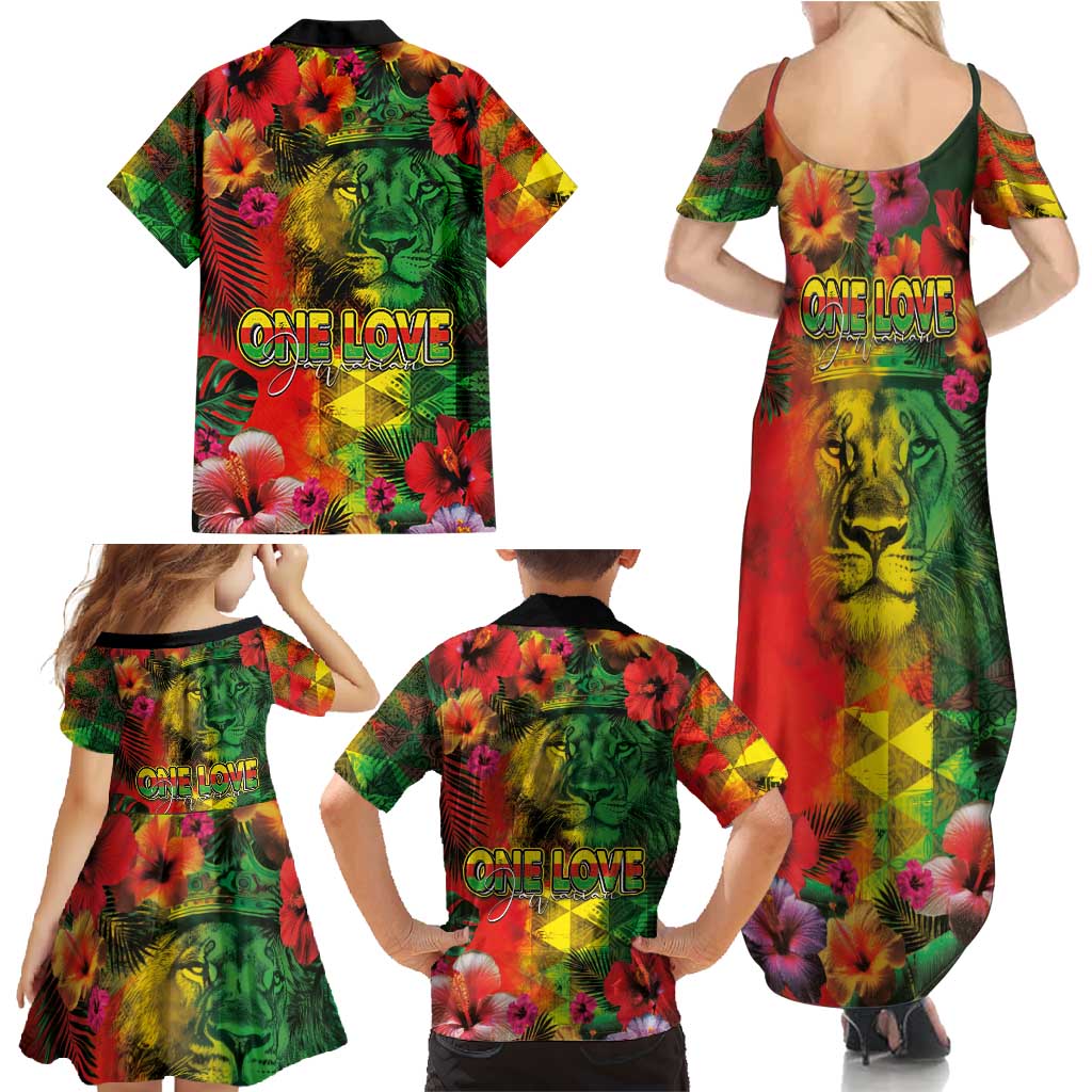 Hawaiian Reggae Family Matching Summer Maxi Dress and Hawaiian Shirt Tropical Plants and Tribal Kakau Tattoo-One Love Jawaiian