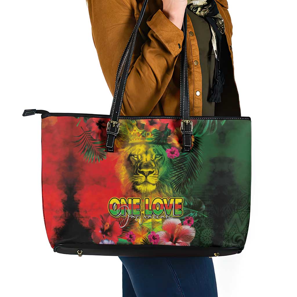 Hawaiian Reggae Leather Tote Bag Tropical Plants and Tribal Kakau Tattoo-One Love Jawaiian
