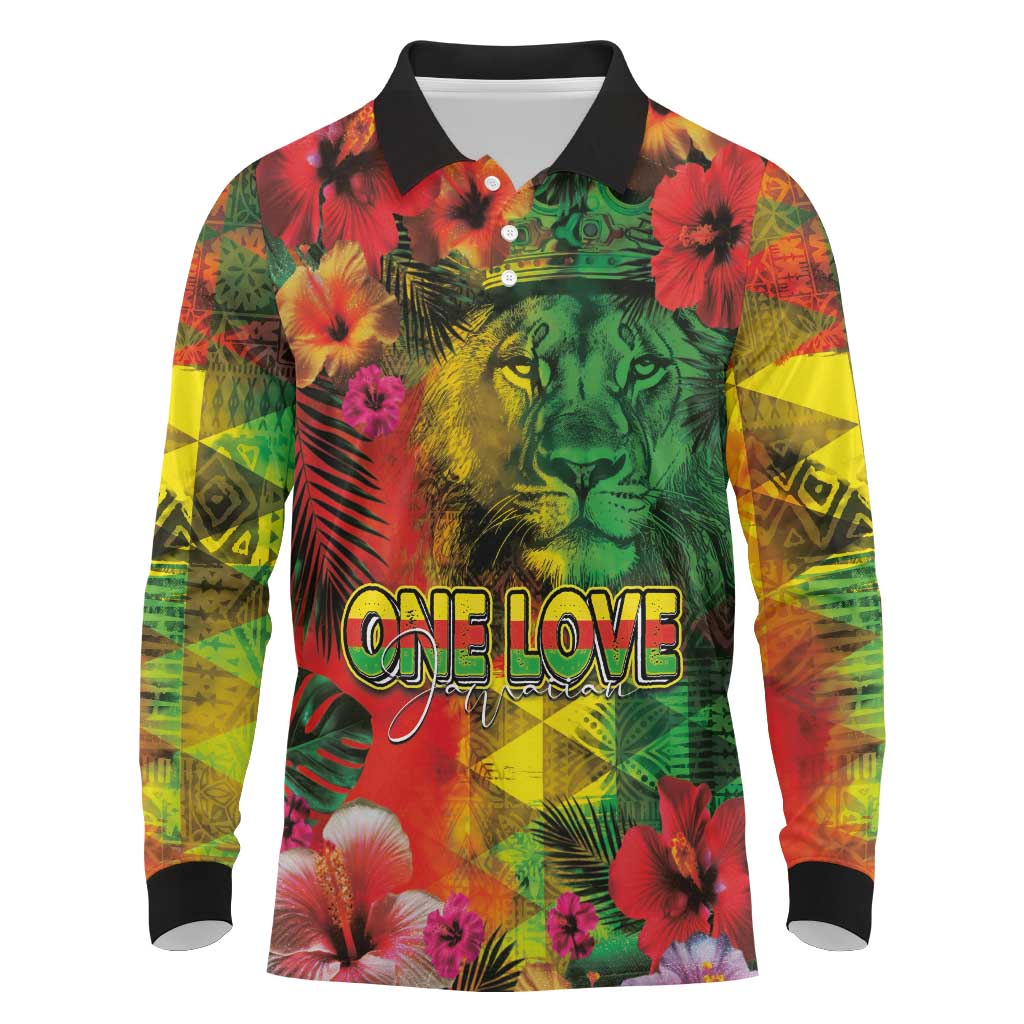 Hawaiian Reggae Long Sleeve Polo Shirt Tropical Plants and Tribal Kakau Tattoo-One Love Jawaiian