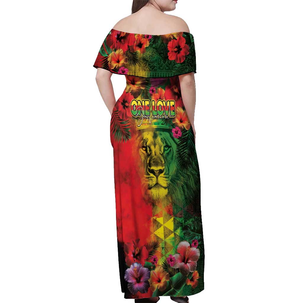 Hawaiian Reggae Off Shoulder Maxi Dress Tropical Plants and Tribal Kakau Tattoo-One Love Jawaiian