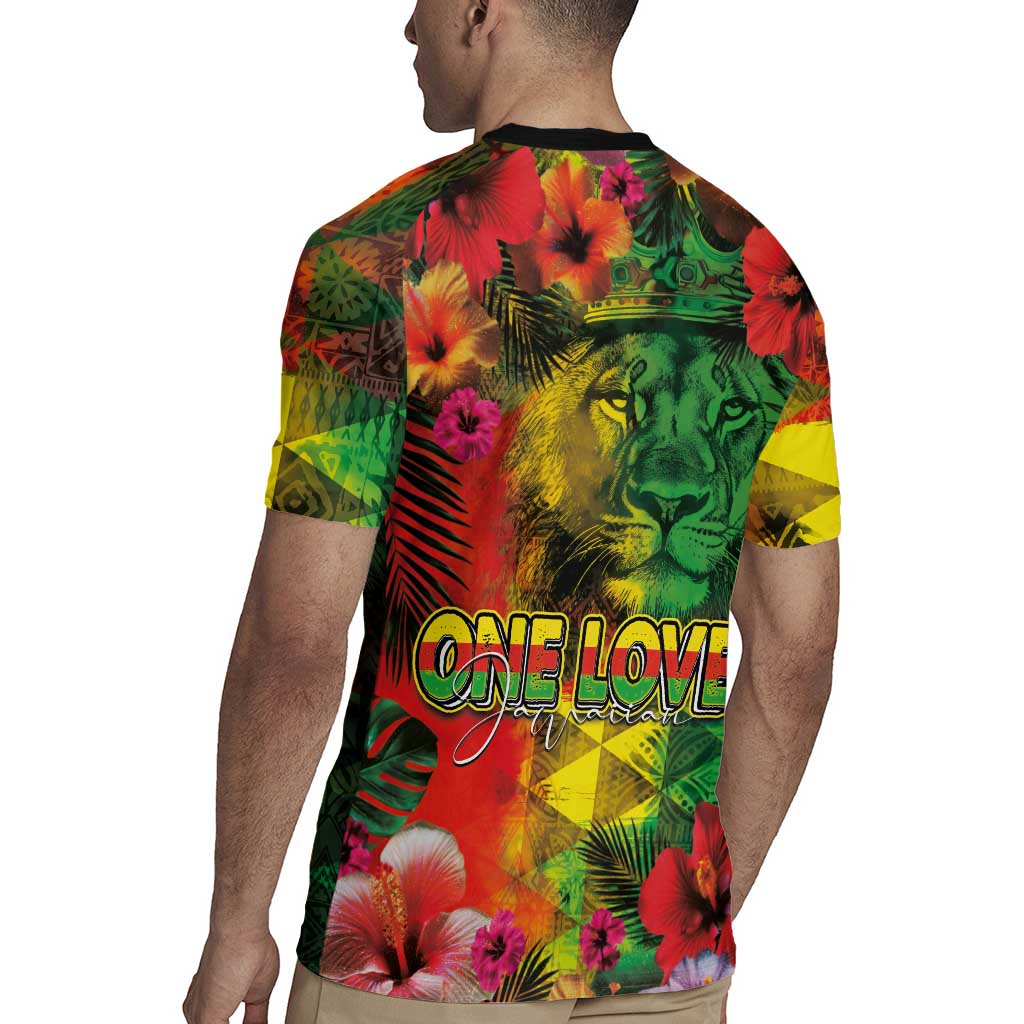 Hawaiian Reggae Rugby Jersey Tropical Plants and Tribal Kakau Tattoo-One Love Jawaiian