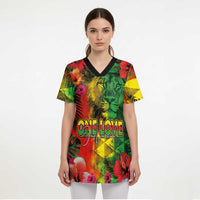Hawaiian Reggae Scrub Top Tropical Plants and Tribal Kakau Tattoo-One Love Jawaiian - Polynesian Pride