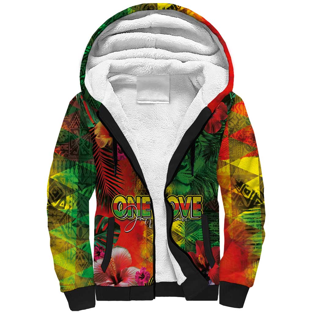 Hawaiian Reggae Sherpa Hoodie Tropical Plants and Tribal Kakau Tattoo-One Love Jawaiian LT03 Unisex Reggae - Polynesian Pride