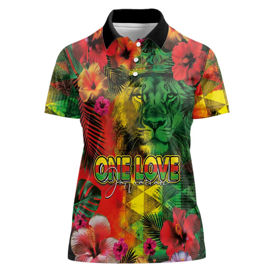 Hawaiian Reggae Women Polo Shirt Tropical Plants and Tribal Kakau Tattoo-One Love Jawaiian