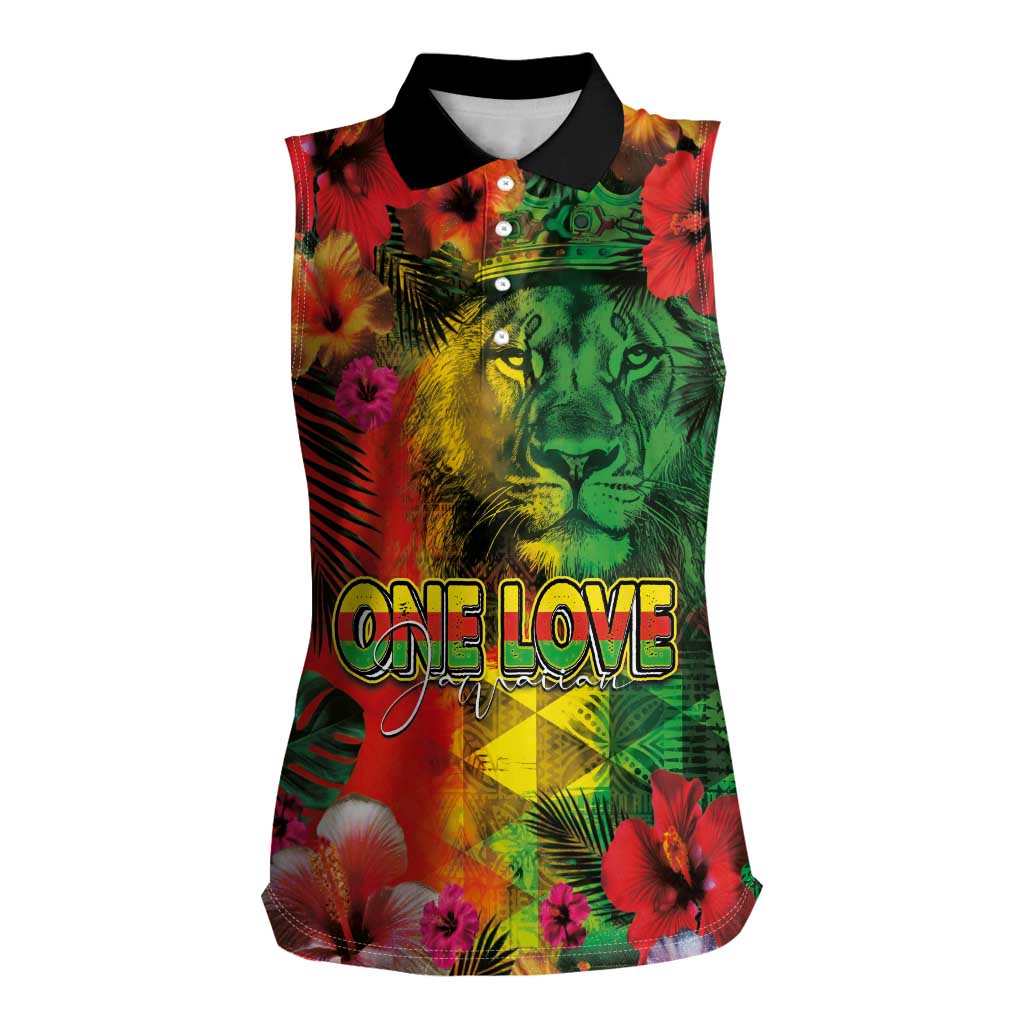 Hawaiian Reggae Women Sleeveless Polo Shirt Tropical Plants and Tribal Kakau Tattoo-One Love Jawaiian