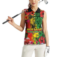 Hawaiian Reggae Women Sleeveless Polo Shirt Tropical Plants and Tribal Kakau Tattoo-One Love Jawaiian