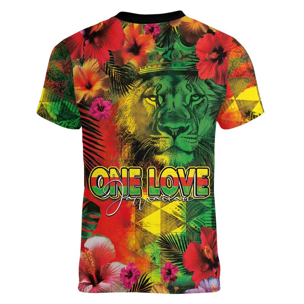 Hawaiian Reggae Women V-Neck T-Shirt Tropical Plants and Tribal Kakau Tattoo-One Love Jawaiian