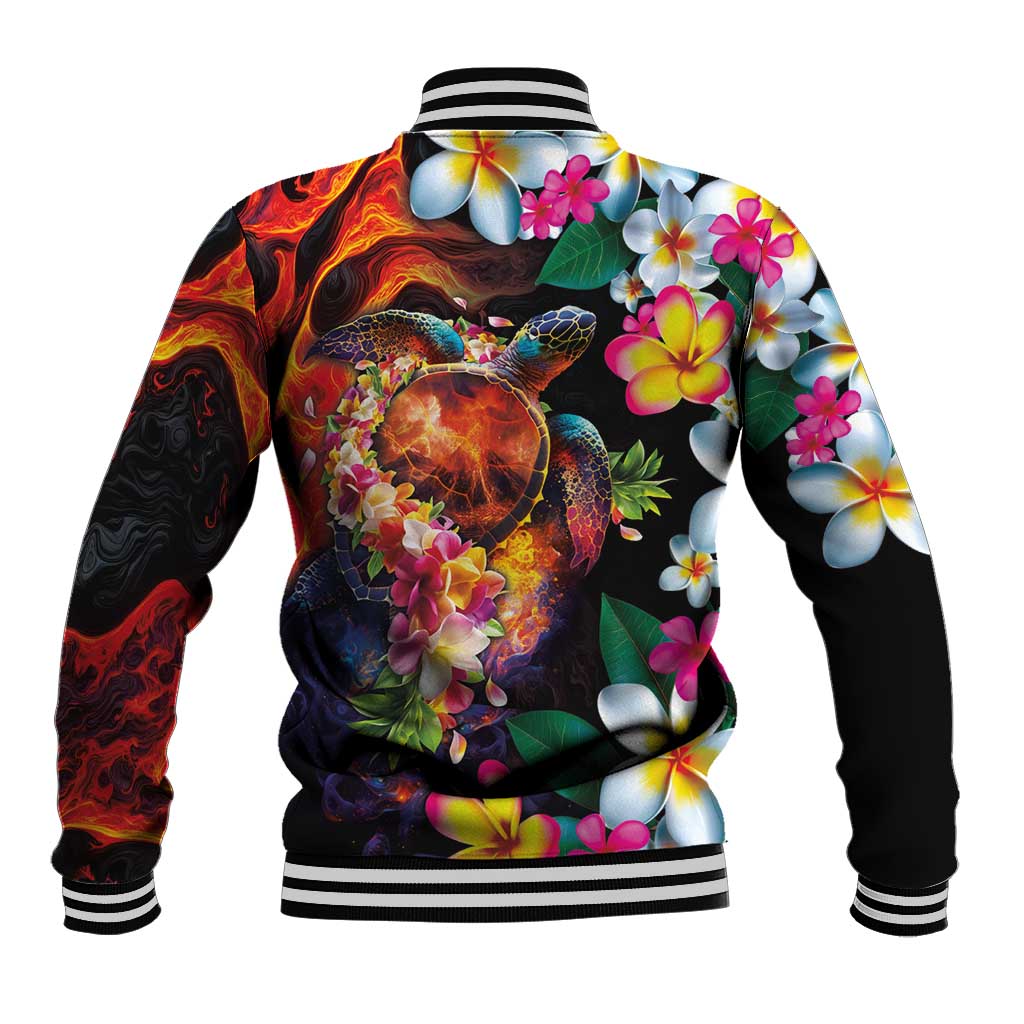 Hawaiian Lei Day Baseball Jacket Colorful Plumeria and Volcanic Turtle with Abstract Lava Texture LT03 - Polynesian Pride