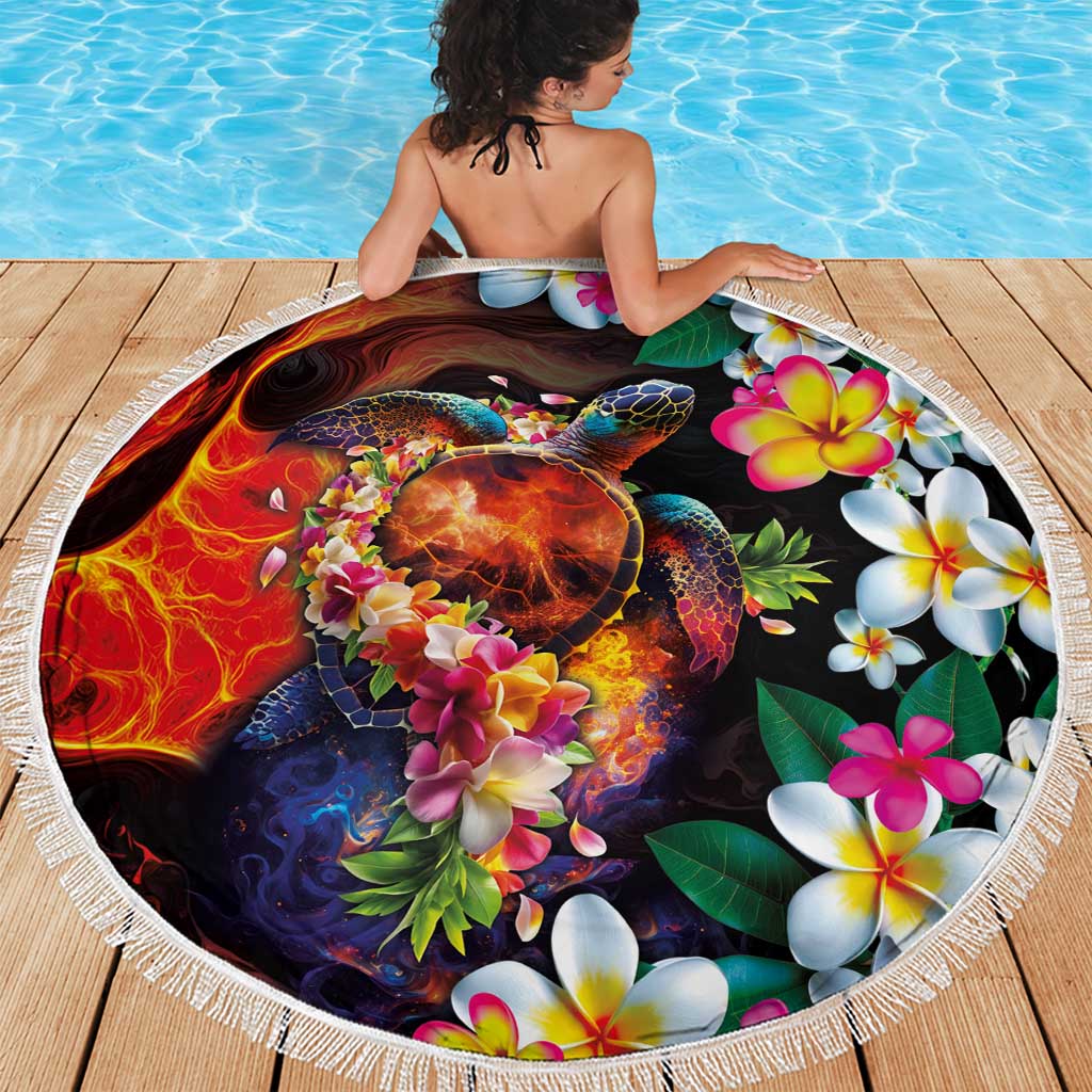 Hawaiian Lei Day Beach Blanket Colorful Plumeria and Volcanic Turtle with Abstract Lava Texture LT03 - Polynesian Pride