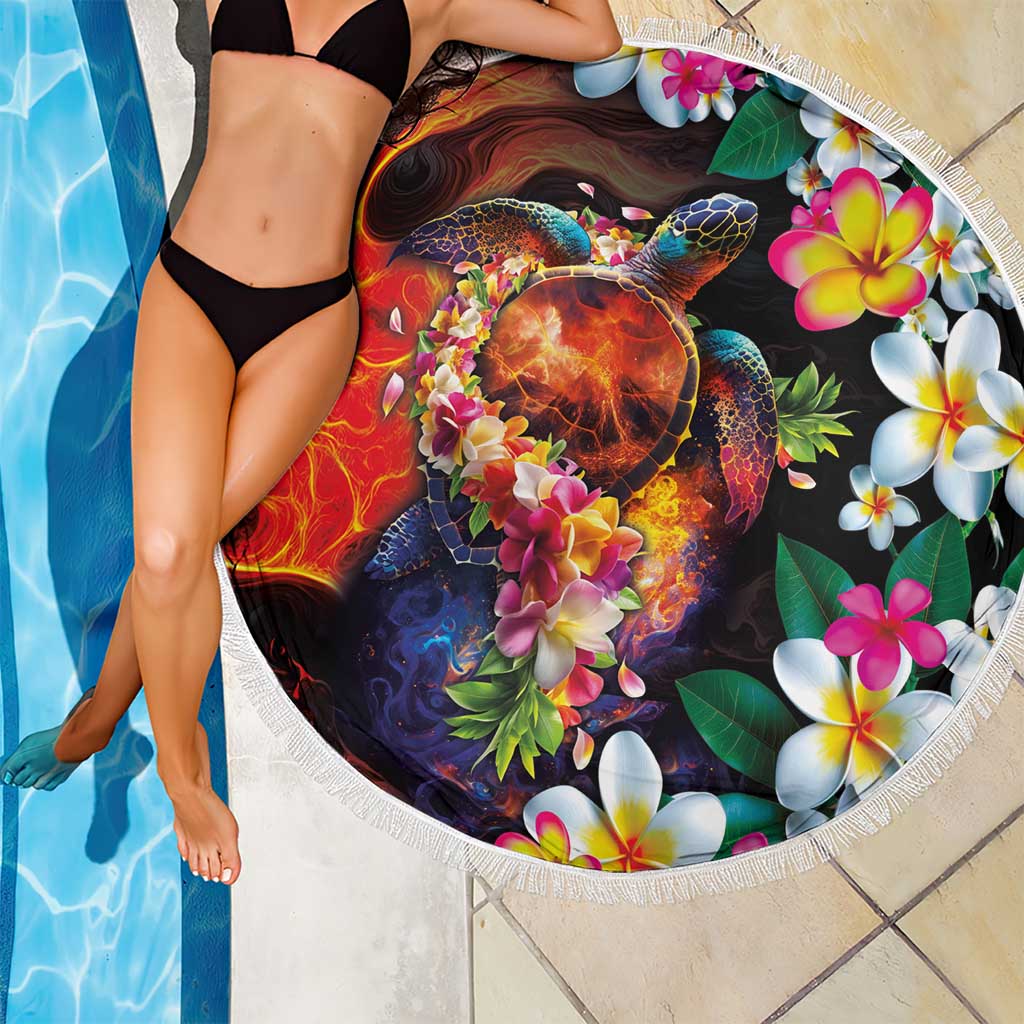 Hawaiian Lei Day Beach Blanket Colorful Plumeria and Volcanic Turtle with Abstract Lava Texture LT03 - Polynesian Pride