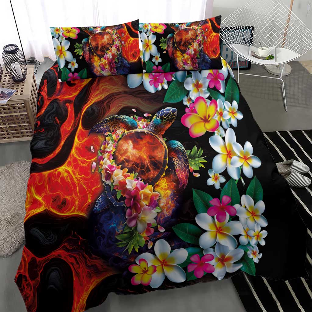 Hawaiian Lei Day Bedding Set Colorful Plumeria and Volcanic Turtle with Abstract Lava Texture