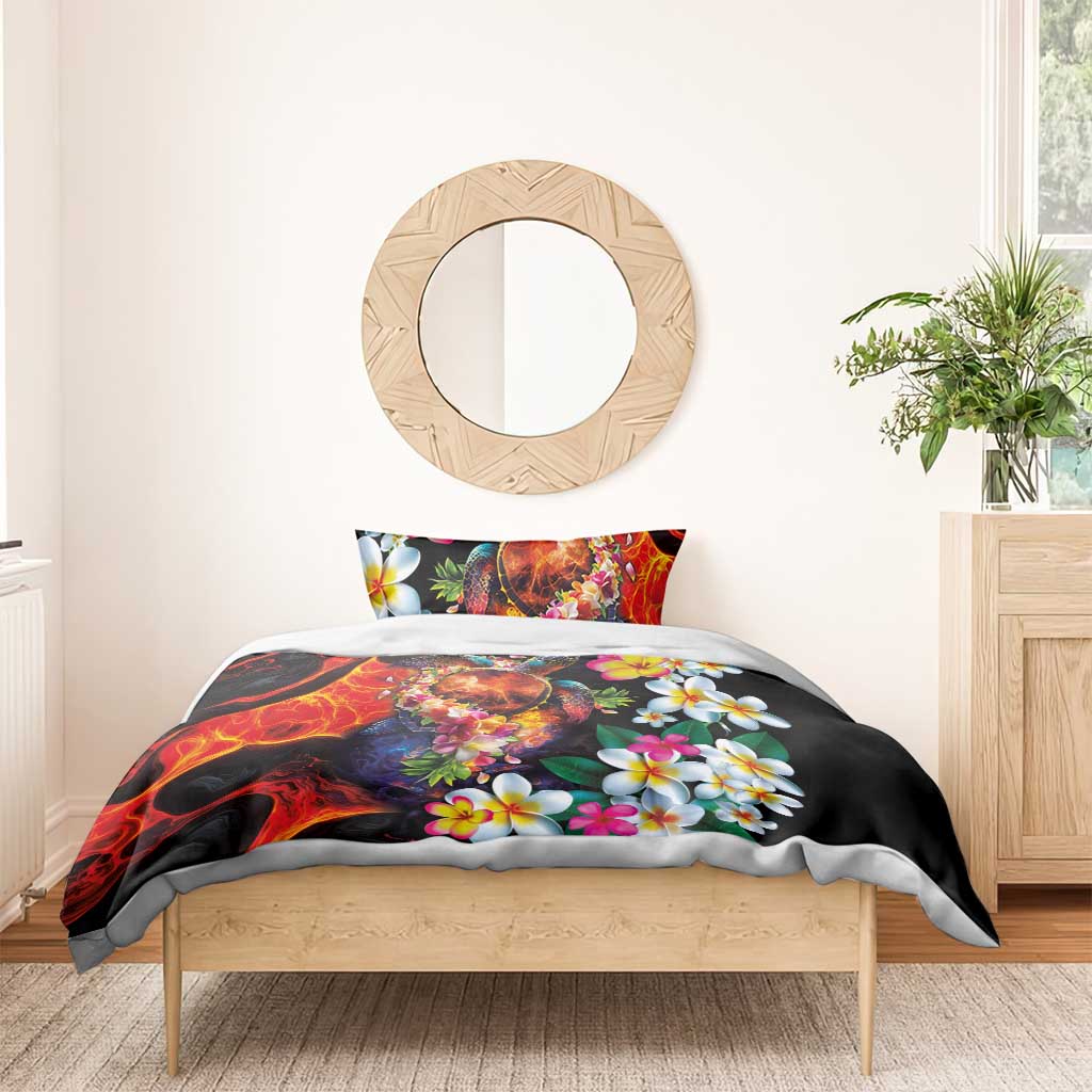 Hawaiian Lei Day Bedding Set Colorful Plumeria and Volcanic Turtle with Abstract Lava Texture