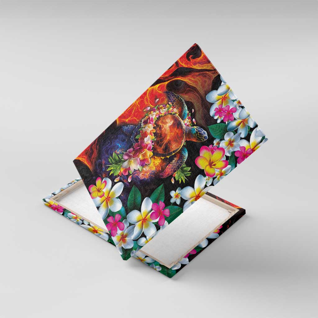 Hawaiian Lei Day Canvas Wall Art Colorful Plumeria and Volcanic Turtle with Abstract Lava Texture LT03 With Frame Black - Polynesian Pride