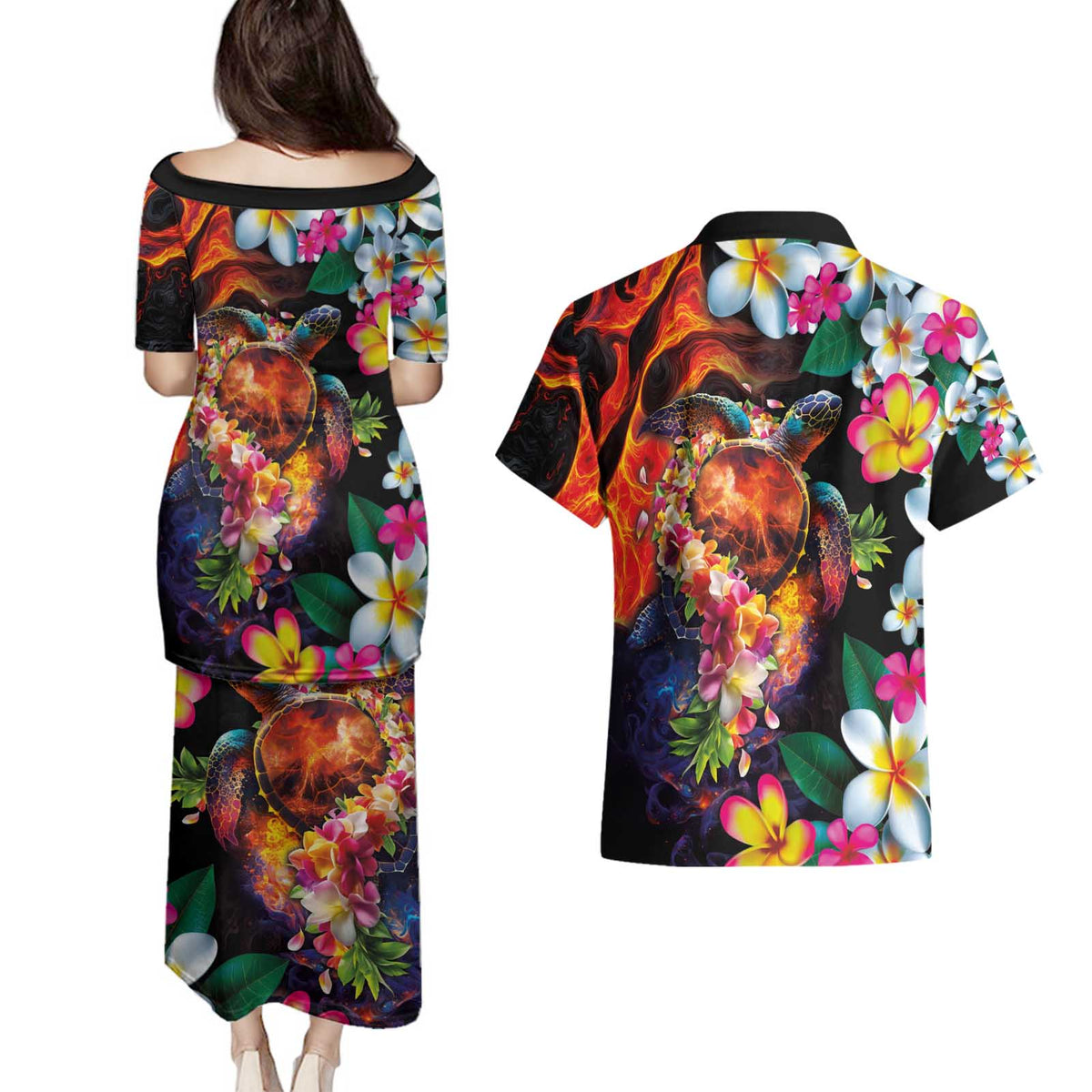 Hawaiian Lei Day Couples Matching Puletasi and Hawaiian Shirt Colorful Plumeria and Volcanic Turtle with Abstract Lava Texture