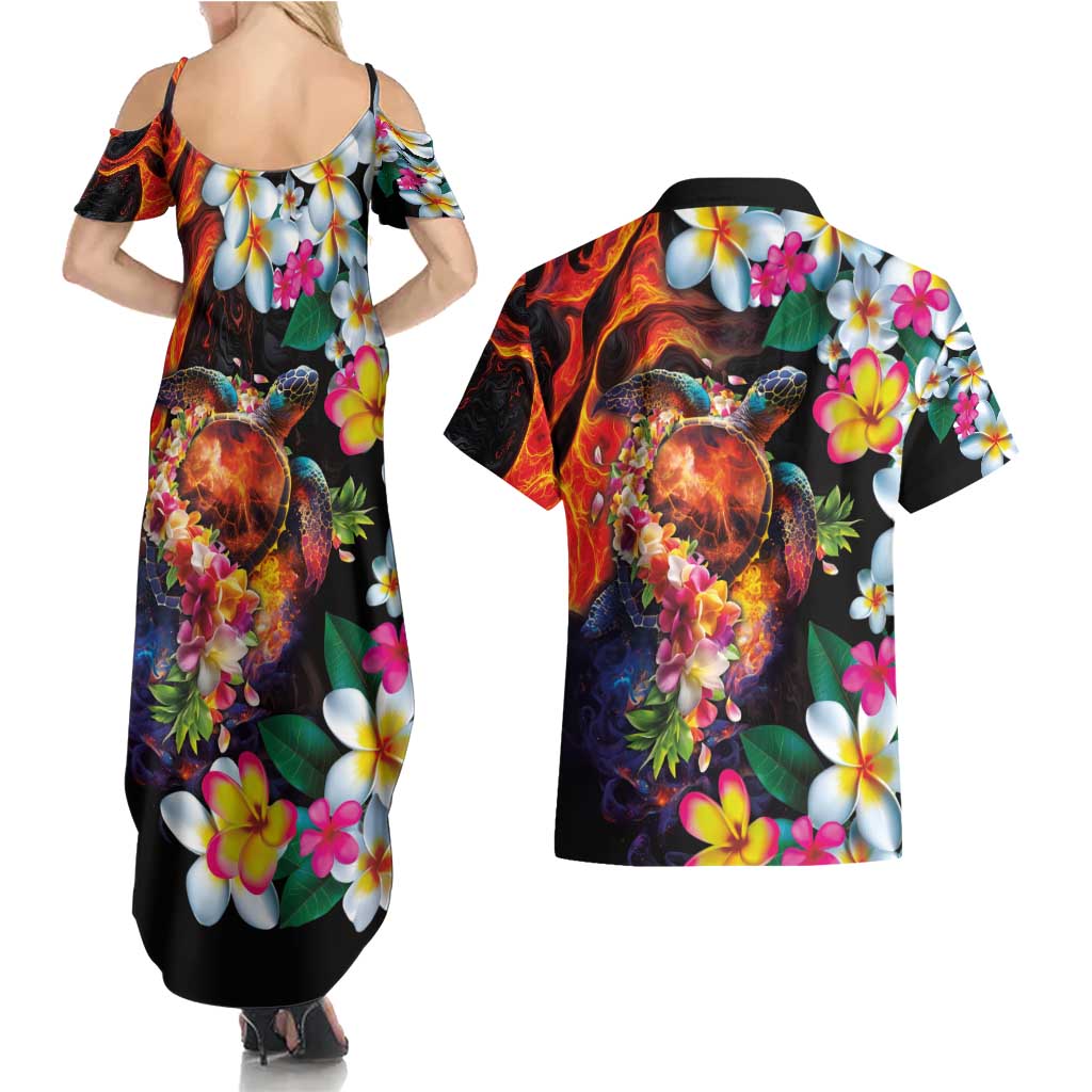 Hawaiian Lei Day Couples Matching Summer Maxi Dress and Hawaiian Shirt Colorful Plumeria and Volcanic Turtle with Abstract Lava Texture