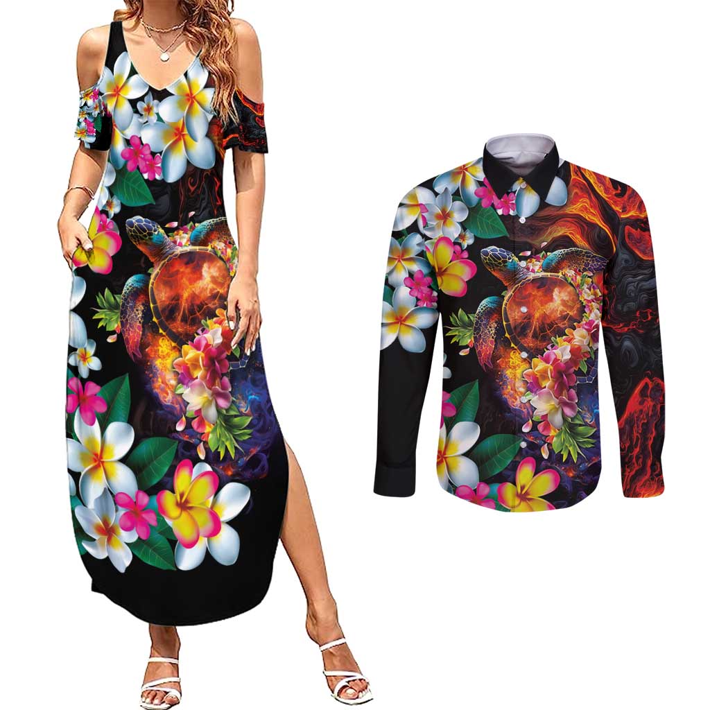 Hawaiian Lei Day Couples Matching Summer Maxi Dress and Long Sleeve Button Shirt Colorful Plumeria and Volcanic Turtle with Abstract Lava Texture LT03 Black - Polynesian Pride
