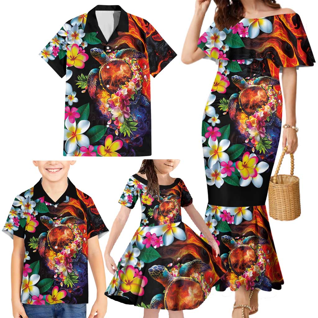 Hawaiian Lei Day Family Matching Mermaid Dress and Hawaiian Shirt Colorful Plumeria and Volcanic Turtle with Abstract Lava Texture