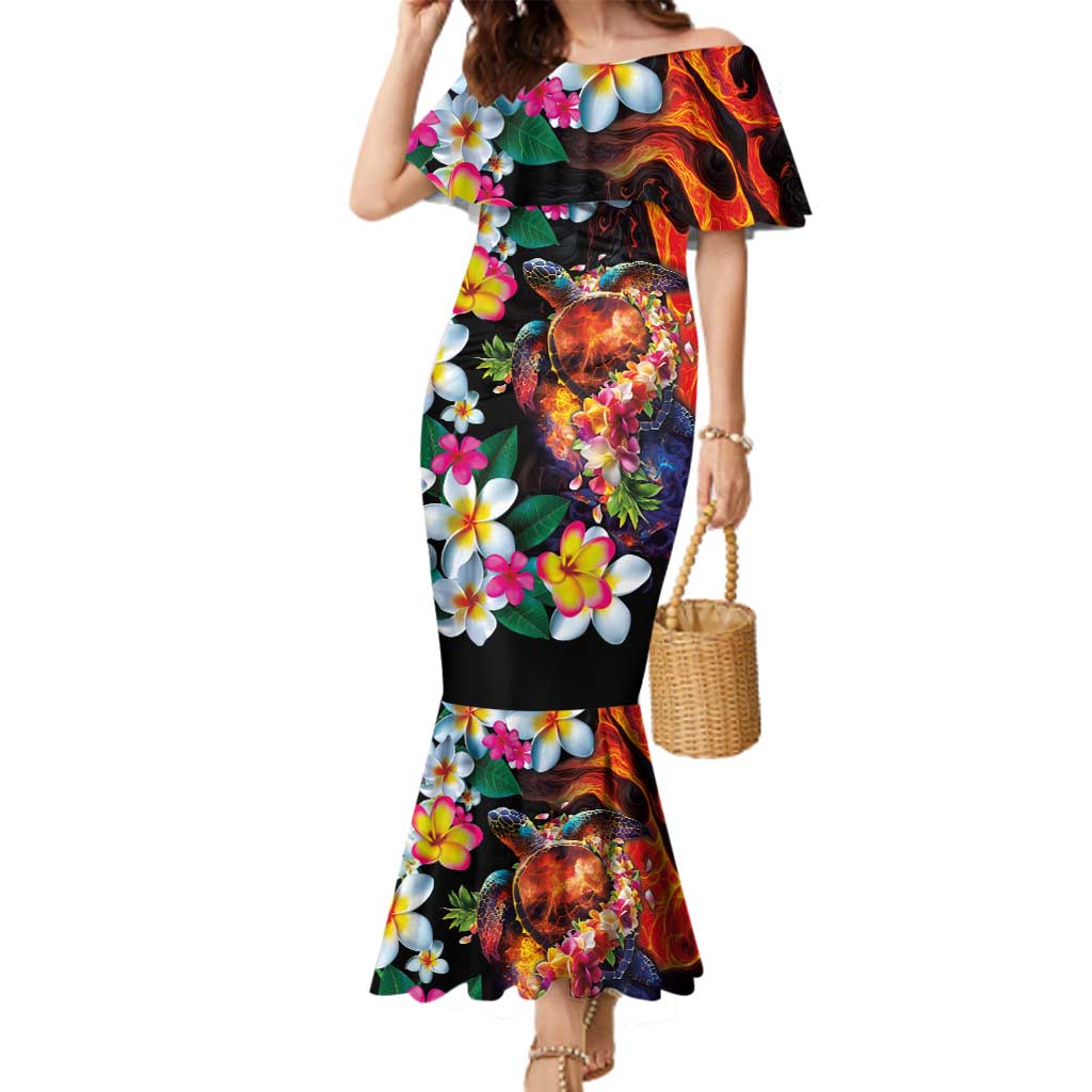 Hawaiian Lei Day Family Matching Mermaid Dress and Hawaiian Shirt Colorful Plumeria and Volcanic Turtle with Abstract Lava Texture