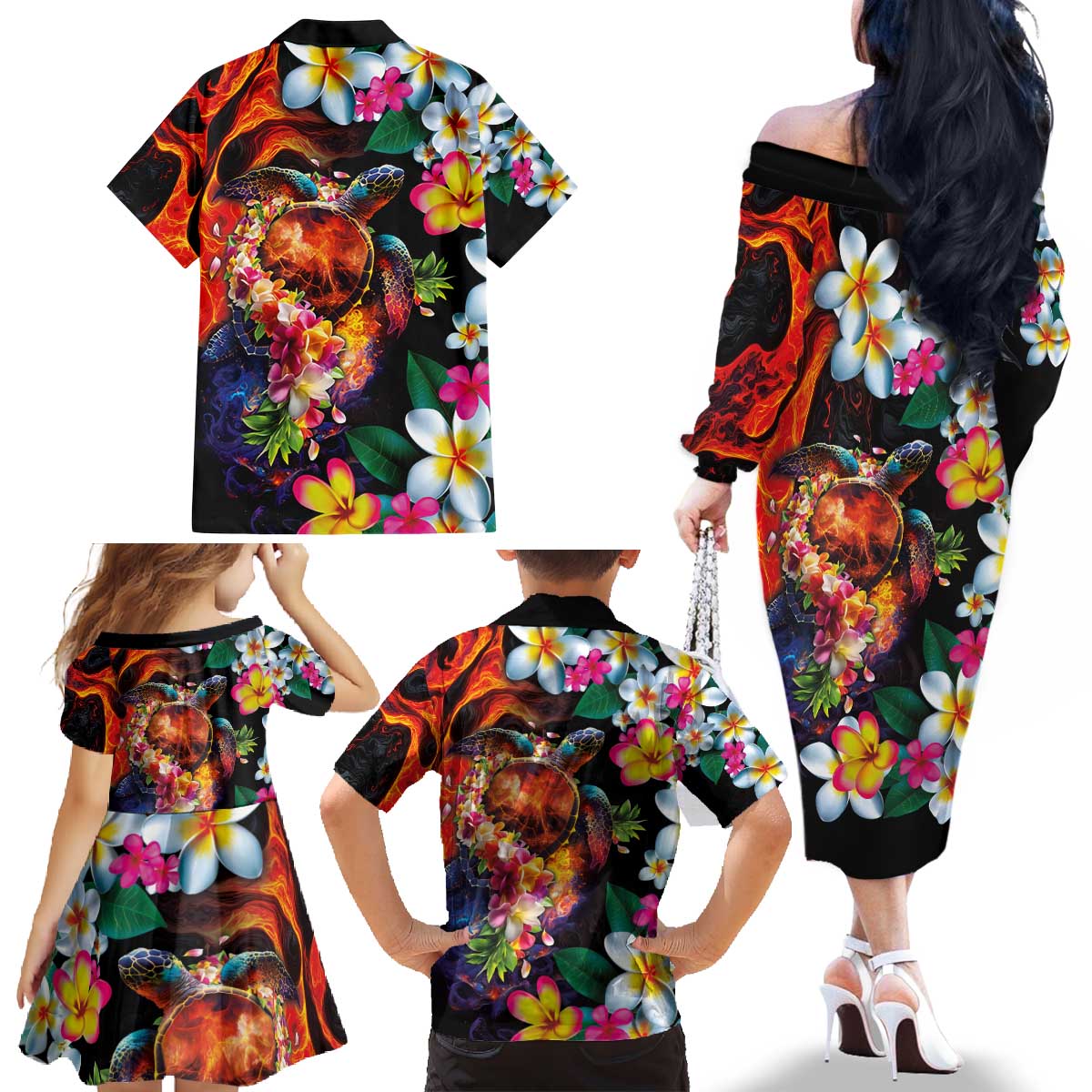 Hawaiian Lei Day Family Matching Off The Shoulder Long Sleeve Dress and Hawaiian Shirt Colorful Plumeria and Volcanic Turtle with Abstract Lava Texture