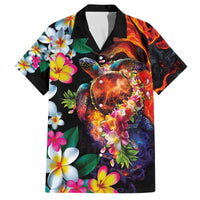 Hawaiian Lei Day Family Matching Off The Shoulder Long Sleeve Dress and Hawaiian Shirt Colorful Plumeria and Volcanic Turtle with Abstract Lava Texture