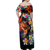 Hawaiian Lei Day Family Matching Off Shoulder Maxi Dress and Hawaiian Shirt Colorful Plumeria and Volcanic Turtle with Abstract Lava Texture