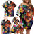 Hawaiian Lei Day Family Matching Off Shoulder Short Dress and Hawaiian Shirt Colorful Plumeria and Volcanic Turtle with Abstract Lava Texture