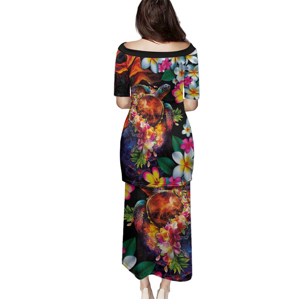 Hawaiian Lei Day Family Matching Puletasi and Hawaiian Shirt Colorful Plumeria and Volcanic Turtle with Abstract Lava Texture