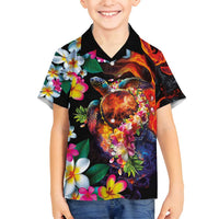Hawaiian Lei Day Family Matching Puletasi and Hawaiian Shirt Colorful Plumeria and Volcanic Turtle with Abstract Lava Texture