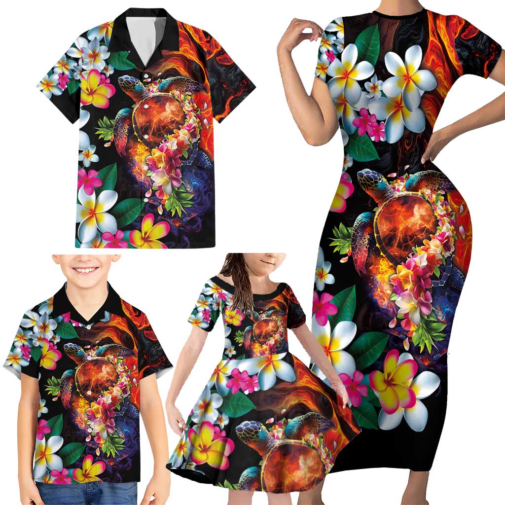 Hawaiian Lei Day Family Matching Short Sleeve Bodycon Dress and Hawaiian Shirt Colorful Plumeria and Volcanic Turtle with Abstract Lava Texture