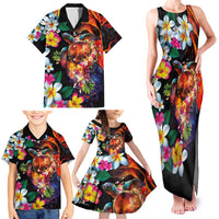 Hawaiian Lei Day Family Matching Tank Maxi Dress and Hawaiian Shirt Colorful Plumeria and Volcanic Turtle with Abstract Lava Texture