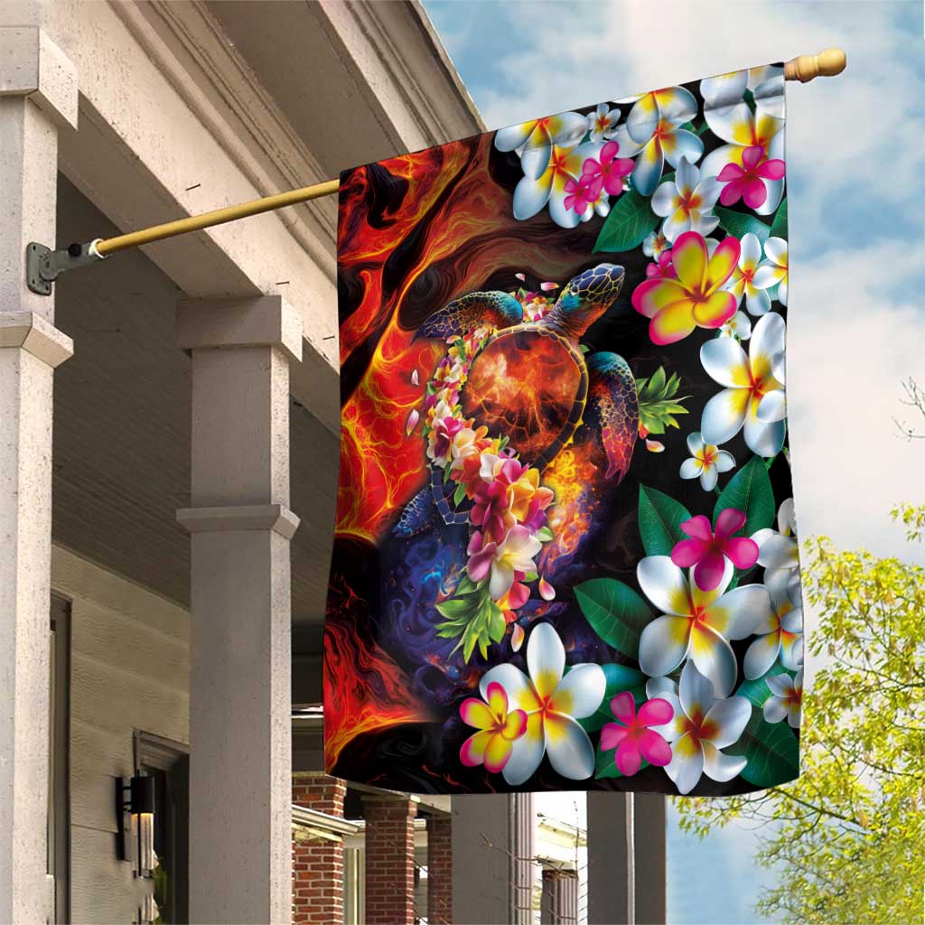 Hawaiian Lei Day Garden Flag Colorful Plumeria and Volcanic Turtle with Abstract Lava Texture LT03 House Flag Black - Polynesian Pride