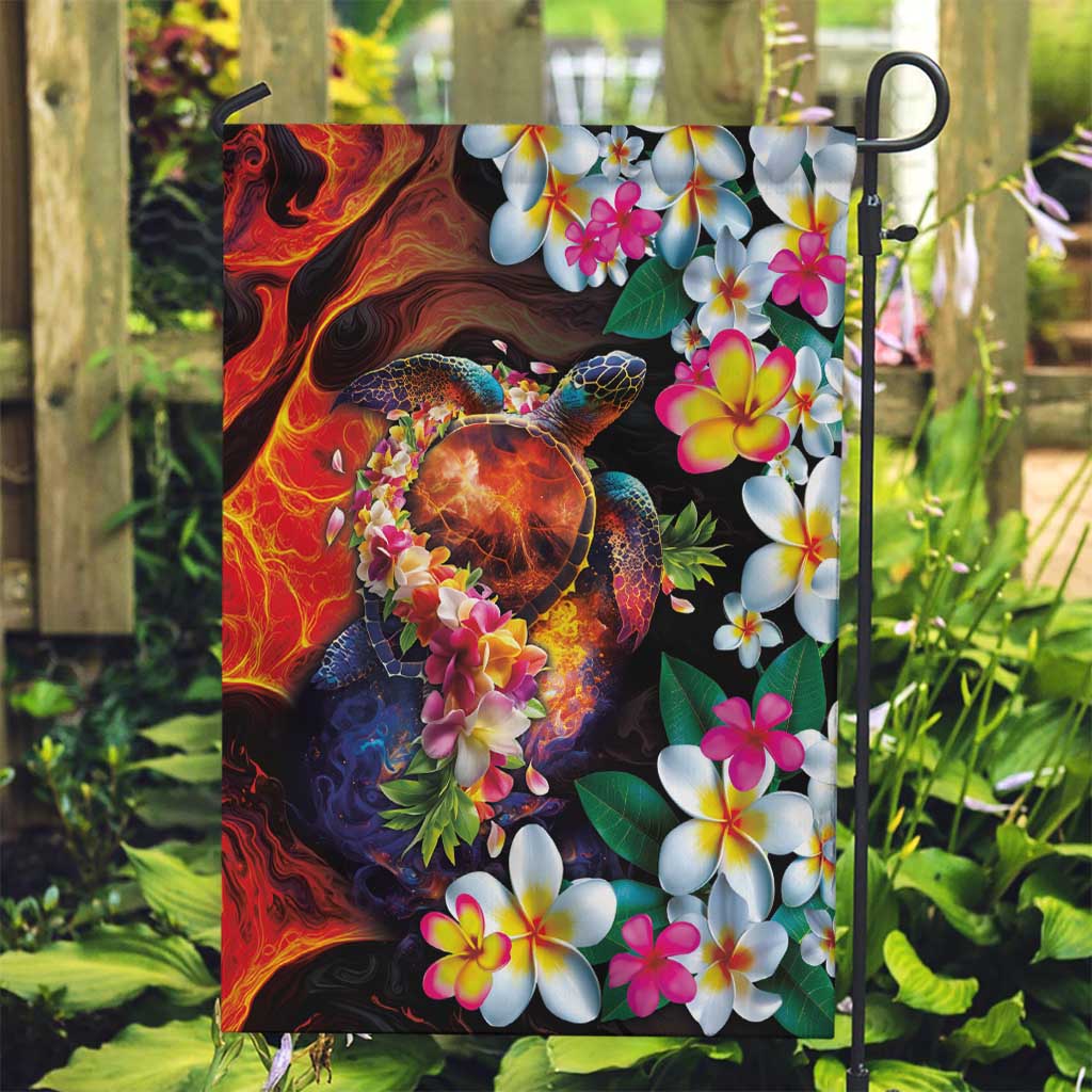 Hawaiian Lei Day Garden Flag Colorful Plumeria and Volcanic Turtle with Abstract Lava Texture LT03 Garden Flag Black - Polynesian Pride