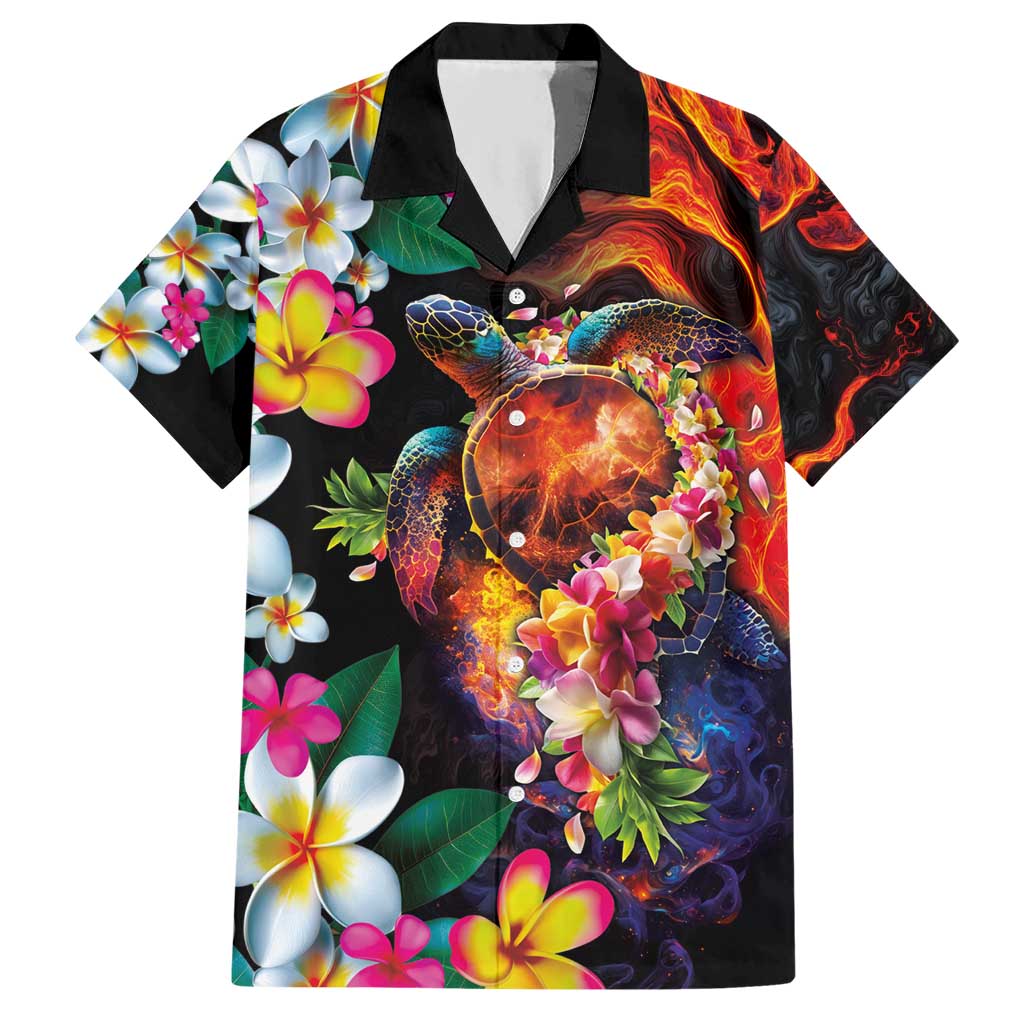 Hawaiian Lei Day Hawaiian Shirt Colorful Plumeria and Volcanic Turtle with Abstract Lava Texture LT03 Black - Polynesian Pride