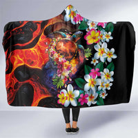 Hawaiian Lei Day Hooded Blanket Colorful Plumeria and Volcanic Turtle with Abstract Lava Texture LT03 One Size Black - Polynesian Pride