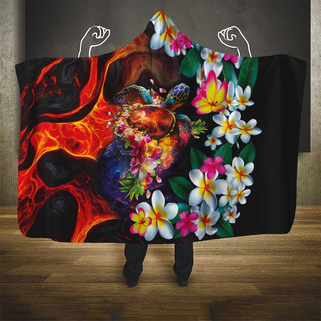 Hawaiian Lei Day Hooded Blanket Colorful Plumeria and Volcanic Turtle with Abstract Lava Texture LT03 - Polynesian Pride