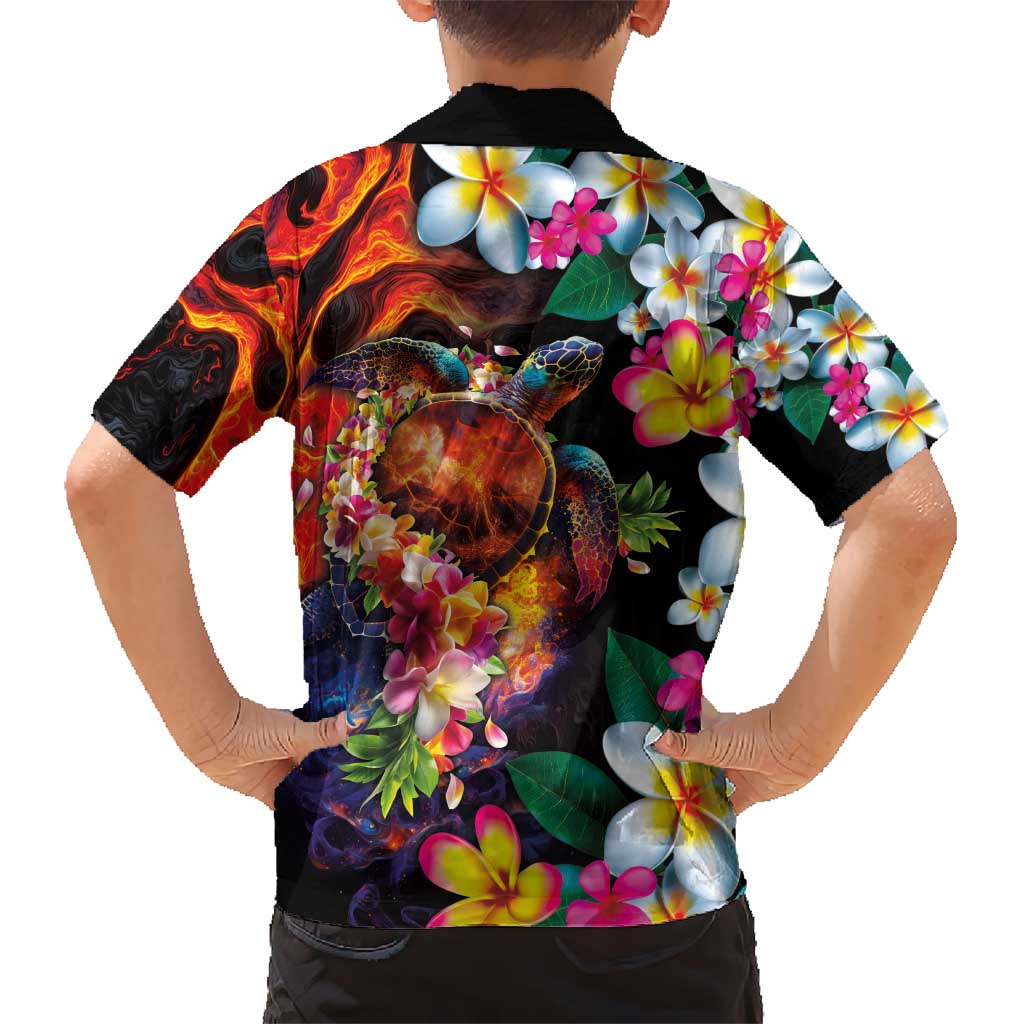 Hawaiian Lei Day Kid Hawaiian Shirt Colorful Plumeria and Volcanic Turtle with Abstract Lava Texture